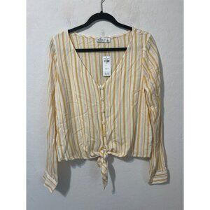 NWT Hollister Sz L Button Up Blouse Tie Waist Detail Yellow White Stripes
